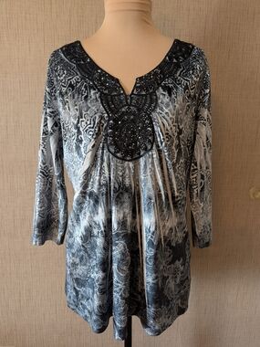 ONE WORLD Black and Gray Beaded Velvet V-Neck Tunic